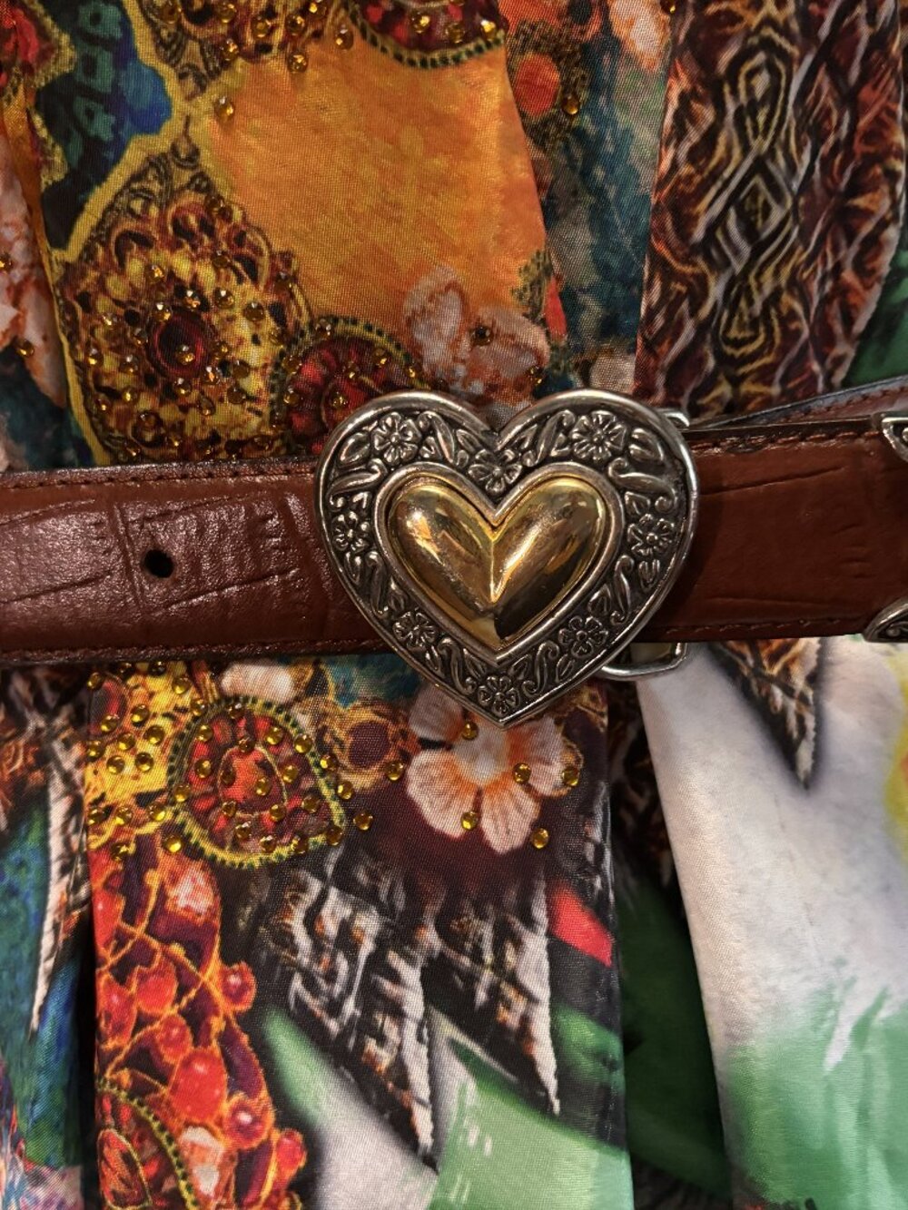 Brown Heart Concho Belt Womens 35” Croc Embossed Western Boho Style